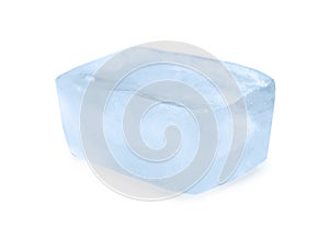 Single ice cube on white background.
