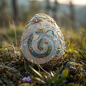 Single, intricately decorated Easter egg on bed of spring grass