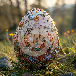 Single, intricately decorated Easter egg on bed of spring grass