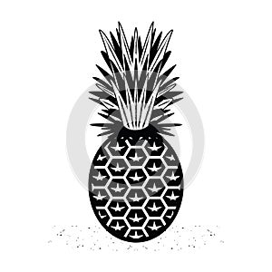 Single isolated black and white abstract pineapple fruit icon with texture shadow on white