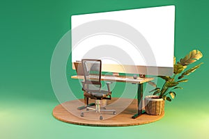 single isolated computer workspace on wooden podium with giant widescreen monitor freelance and home office concept 3D