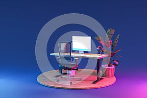 single isolated computer workspace on wooden podium with giant widescreen monitor freelance and home office concept 3D