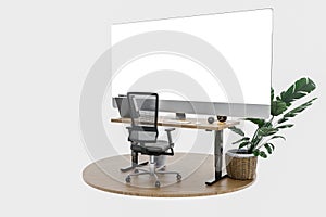 single isolated computer workspace on wooden podium with giant widescreen monitor freelance and home office concept 3D