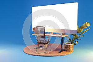 single isolated computer workspace on wooden podium with giant widescreen monitor freelance and home office concept 3D