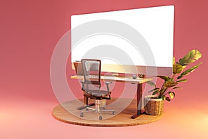 single isolated computer workspace on wooden podium with giant widescreen monitor freelance and home office concept 3D