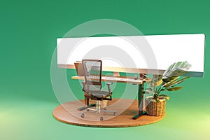 single isolated computer workspace on wooden podium with giant widescreen monitor freelance and home office concept 3D