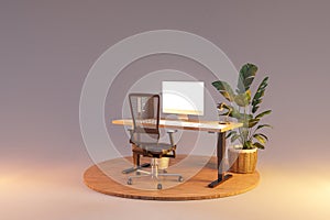 single isolated computer workspace on wooden podium with giant widescreen monitor freelance and home office concept 3D