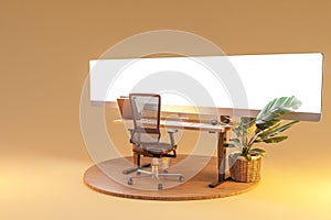 single isolated computer workspace on wooden podium with giant widescreen monitor freelance and home office concept 3D