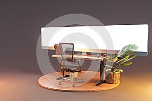 single isolated computer workspace on wooden podium with giant widescreen monitor freelance and home office concept 3D