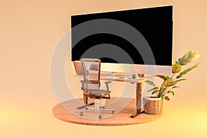 single isolated computer workspace on wooden podium with giant widescreen monitor freelance and home office concept 3D