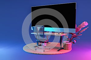 single isolated computer workspace on wooden podium with giant widescreen monitor freelance and home office concept 3D