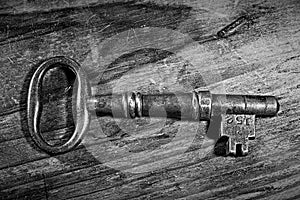 A single key lying on wood.