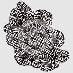 Single lace detail. Dark openwork flowers and leaves on a light background.