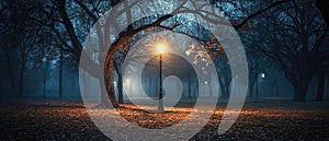 A single lamp post illuminates a foggy, dark forest at night