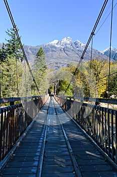 Single lane historic Baring Bridge a wooden suspension over Skykomish River