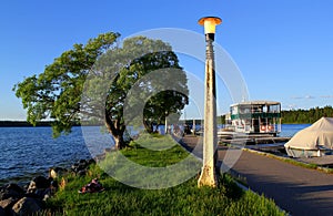 Single Lantern on a landing stage - idyllic lake in canada