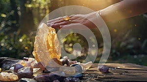 A single large citrine crystal sits atop a pile of healing stones on a wooden table. The shamans hand hovers above it