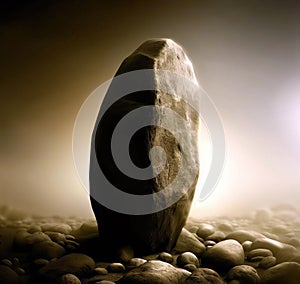 Single large Standing stone in barren landscape. Solitary Strength concept