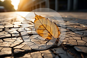 a single leaf sits on the ground in front of a building