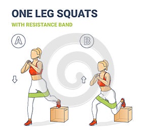 Single Leg Squats with Resistance Band Girl Home Workout Exercise Colorful Concept. photo