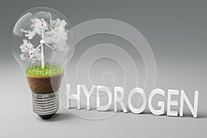 single lightbulb with minature wind turbine inside green soil and clouds renewable clean energy concept 3D Illustration