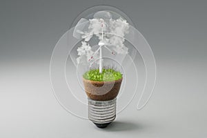 single lightbulb with minature wind turbine inside green soil and clouds renewable clean energy concept infinite background 3D