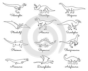 Single line dinosaurs. Jurassic dino, predators and herbivores prehistoric animals hand drawn one line dinosaur photo