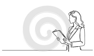 single line drawing of businesswoman holding file folder
