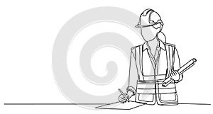 single line drawing of civil engineer or architect with constructions plans