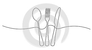 single line drawing of cutlery, fork, knife and spoon