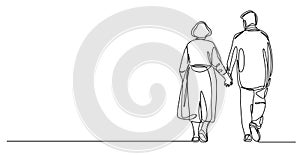 single line drawing of elderly couple walking hand in hand