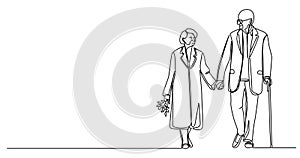 single line drawing of elderly couple walking hand in hand