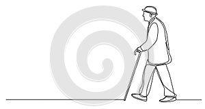 single line drawing of elderly man walking with a cane