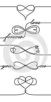 Single line drawing endless love icons, one line Valentines day holiday infinite love symbol