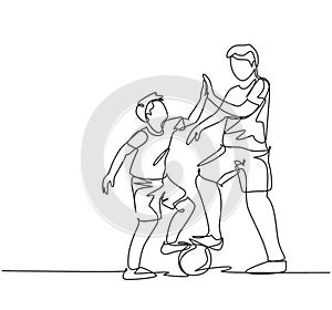 Single line drawing of father and son playing football together on outdoor field and giving high five gesture. Parenting concept