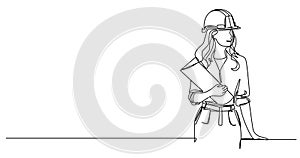 single line drawing of female architect or engineer with hardhat holding construction plans