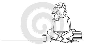 single line drawing of female college student using laptop computer on her lap