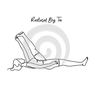 Single line drawing of a girl in reclined big toe yoga pose with name text