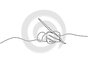 Single line drawing of hand golding art painting brush to make an artwork. Concept of artist painter minimalism design vector