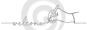 single line drawing of hand with pen writing word WELCOME