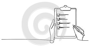 single line drawing of hands holding clipboard with checklist