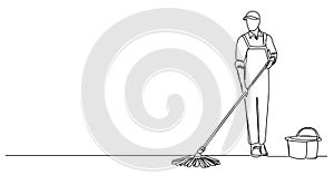 single line drawing of janitor mopping floor