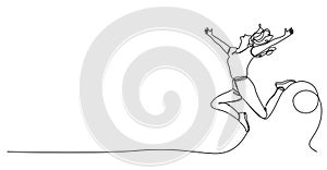single line drawing of joyful woman jumping up in the air