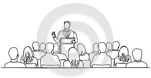 single line drawing of keynote speaker and audience at business conference