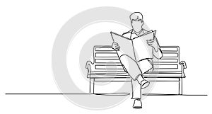 single line drawing of man on bench reading a newspaper