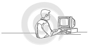 single line drawing of man using old personal computer with crt monitor