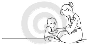 single line drawing of mother an toddler playing on floor