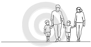 single line drawing of parents with two young boys walking hand in hand