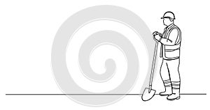 single line drawing of roadworker or construction worker holding shovel