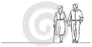 single line drawing of senior couple walking hand in hand